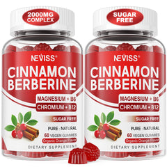 NEVISS Ceylon Cinnamon Berberine Gummies packaging highlights sugar-free formula.