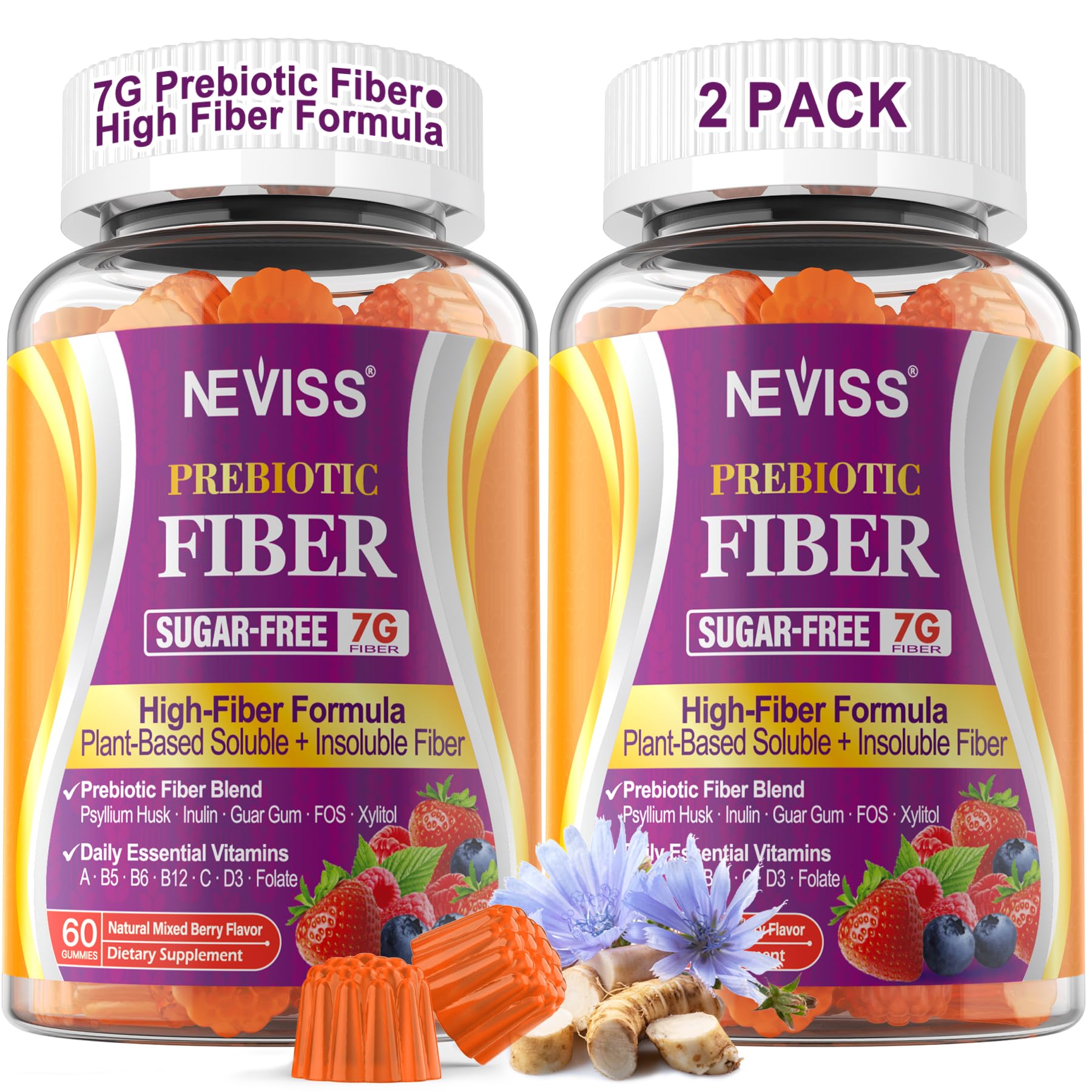 NEVISS Fiber Gummies bottle front highlights 7g fiber per serving, sugar-free.