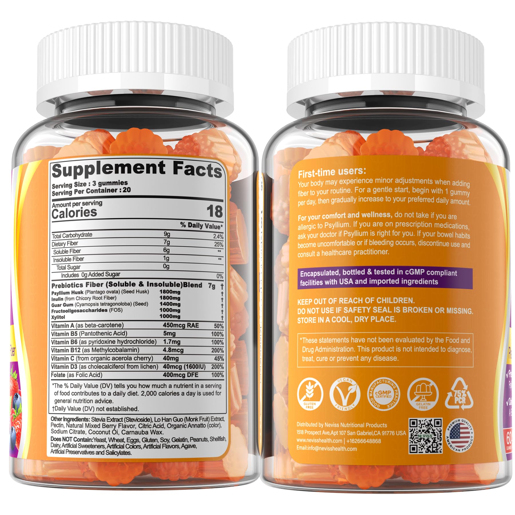 Serving spoon beside NEVISS Fiber Gummies shows 7g fiber per serving.