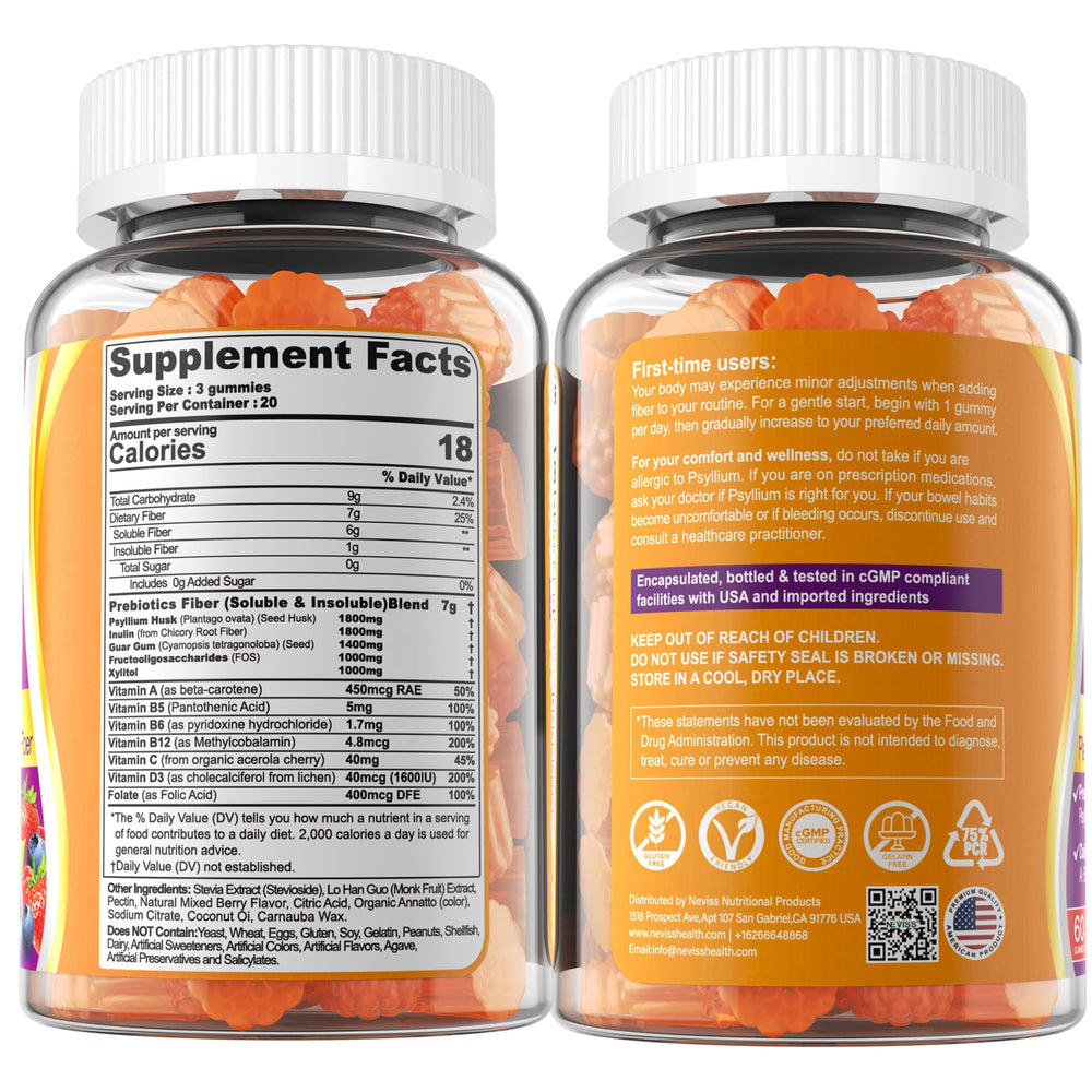 Serving spoon beside NEVISS Fiber Gummies shows 7g fiber per serving.