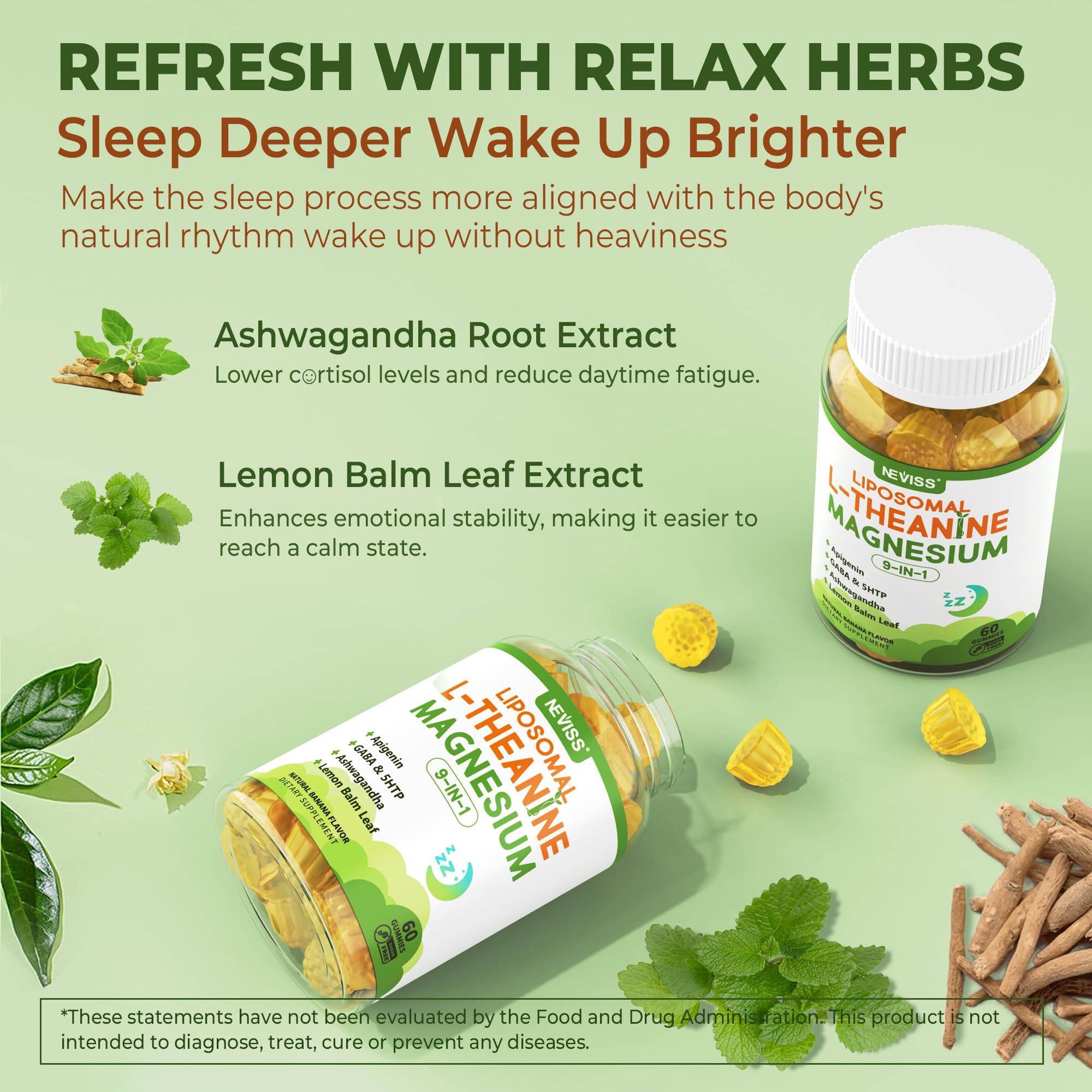 NEVISS GABA-5HTP-Apigenin gummies ingredients panel emphasizes soothing blend.