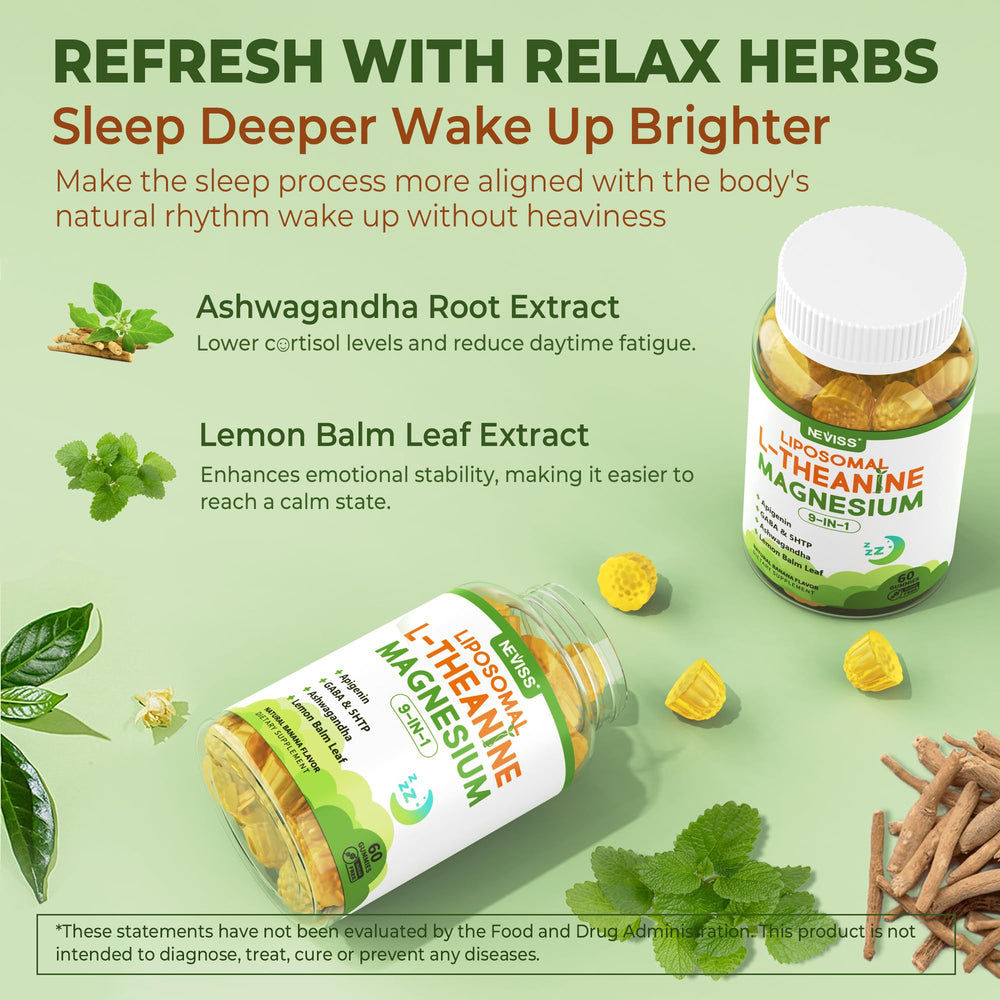 NEVISS GABA-5HTP-Apigenin gummies ingredients panel emphasizes soothing blend.