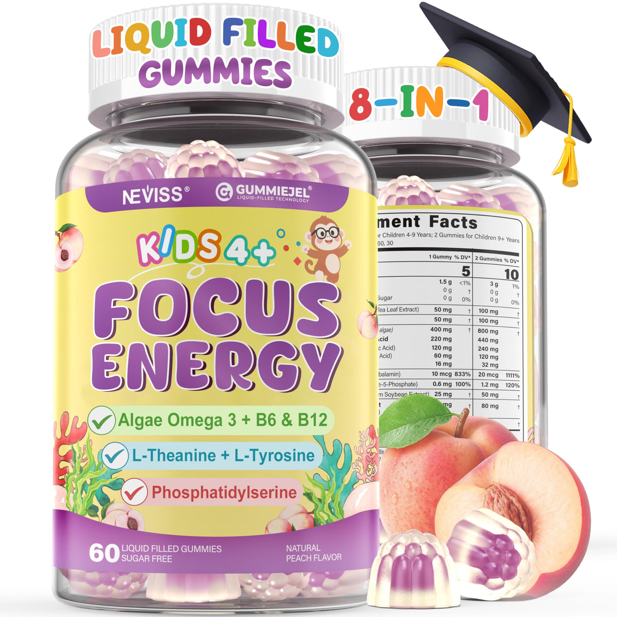 NEVISS Kids Focus Gummies bottle on table with focus friendly label.
