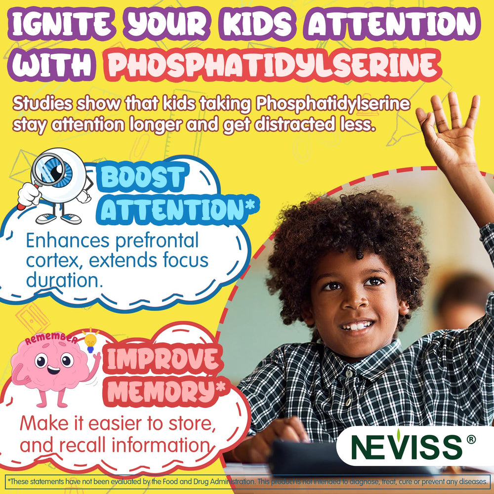 NEVISS Kids Focus Gummies label featuring L Theanine and B vitamins for calm energy.