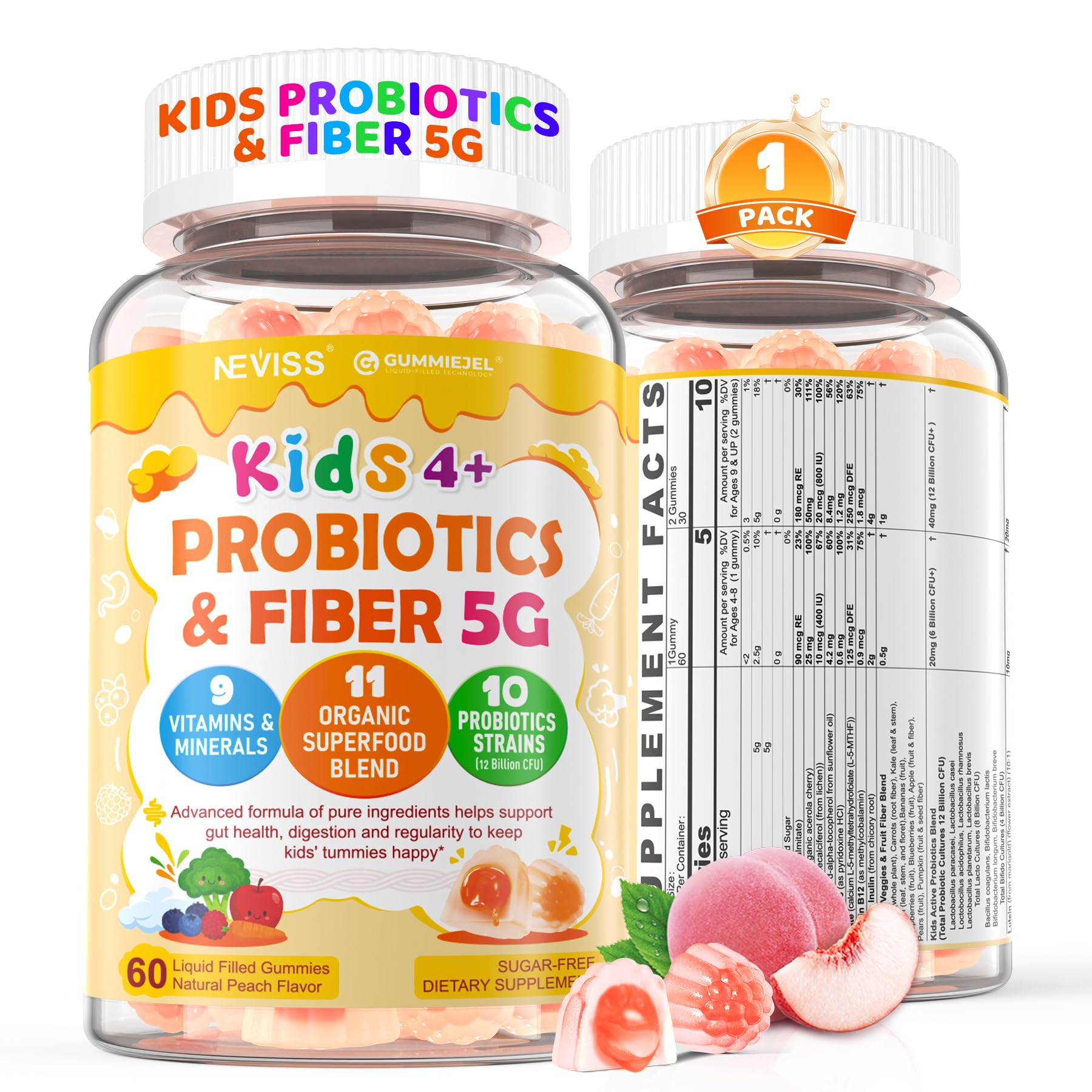 NEVISS Kids Probiotic Gummies bottle front for daily digestion support.