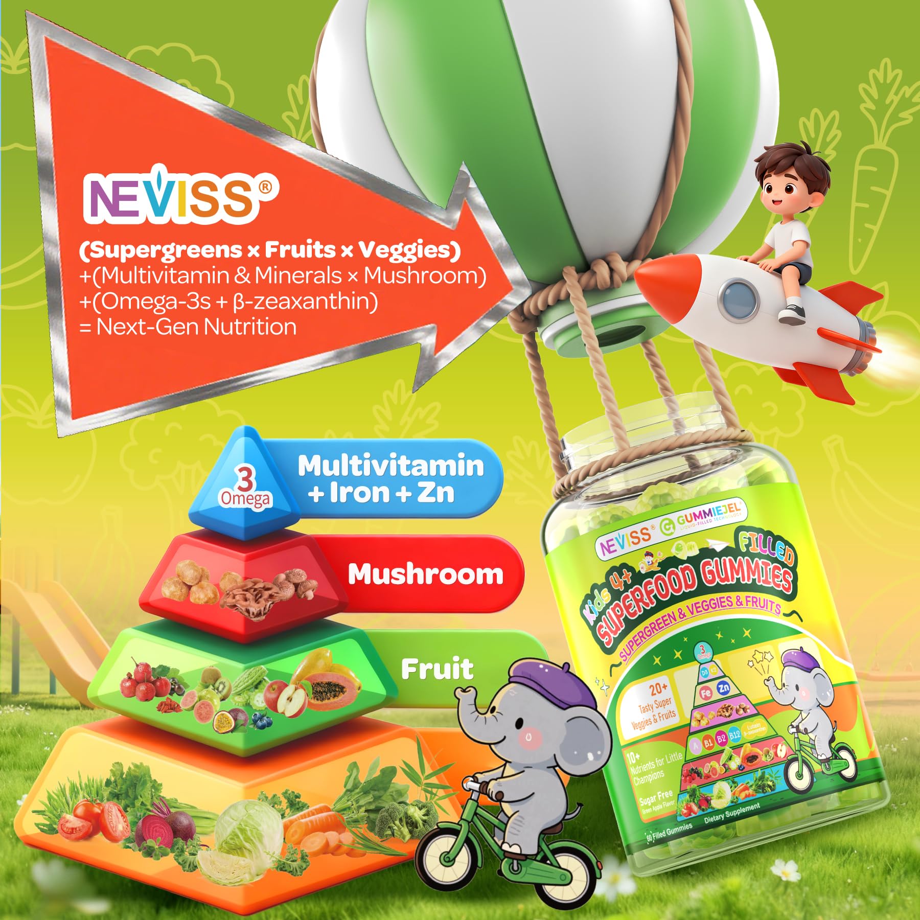 NEVISS Kids Super Greens gummies closeup — chewy texture and natural green apple filling.