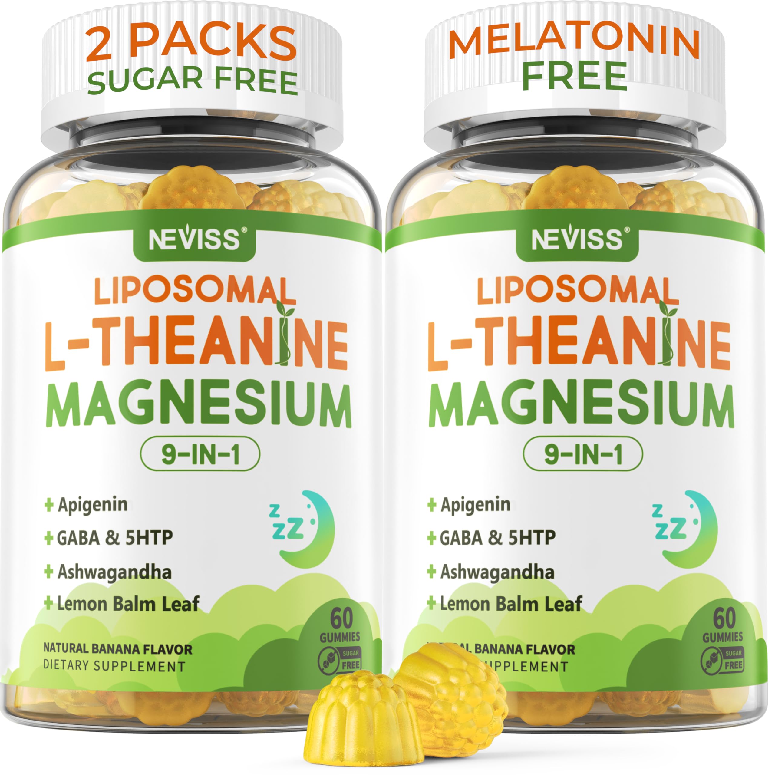 NEVISS liposomal L-Theanine gummies bottle promotes calm evenings.