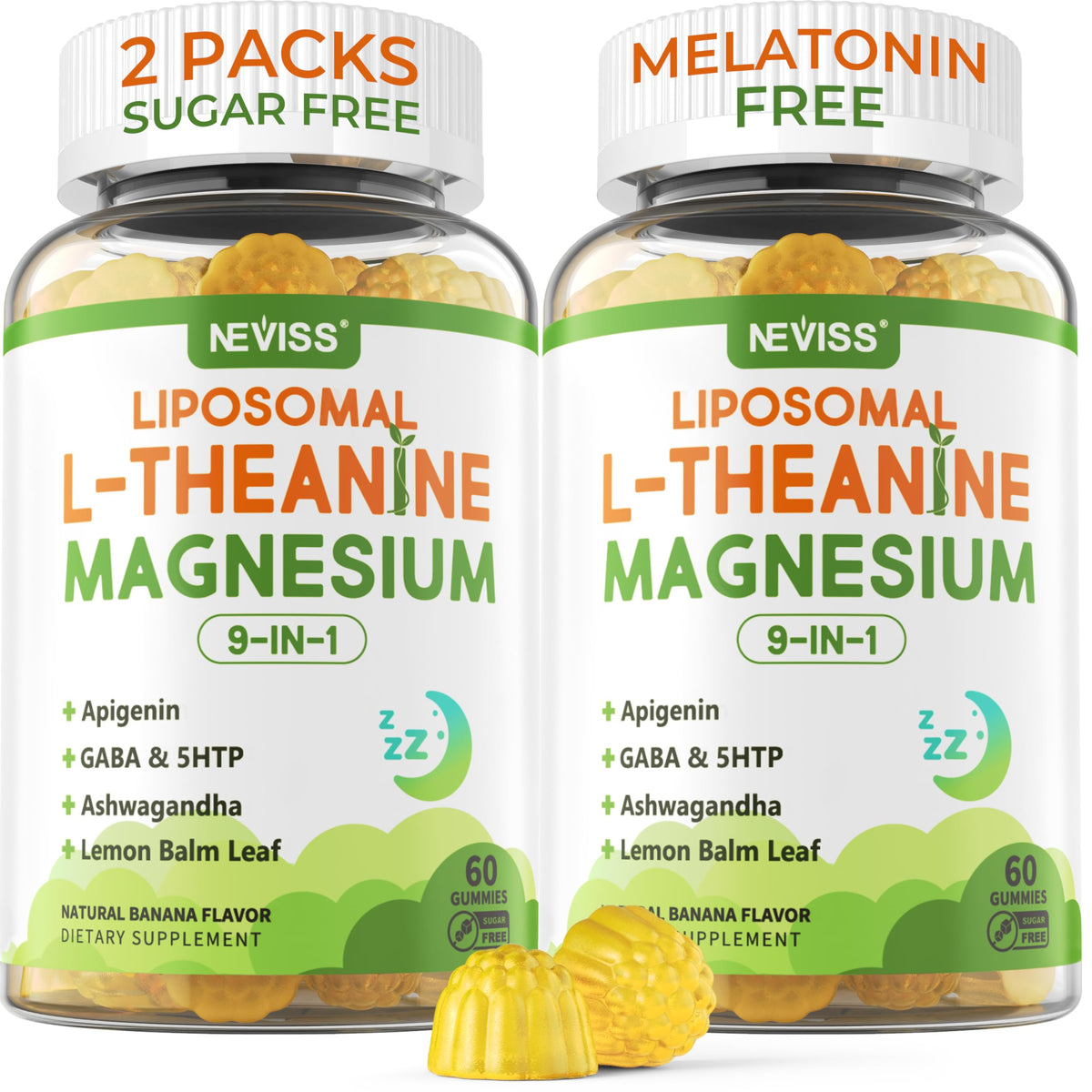 NEVISS liposomal L-Theanine gummies bottle promotes calm evenings.