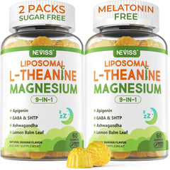 NEVISS liposomal L-Theanine gummies bottle promotes calm evenings.