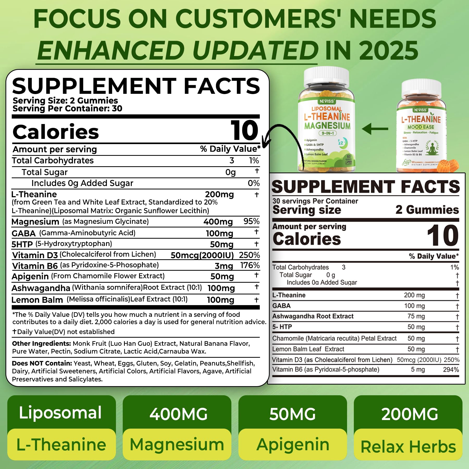 NEVISS liposomal L-Theanine gummies label closeup shows key calming ingredients.