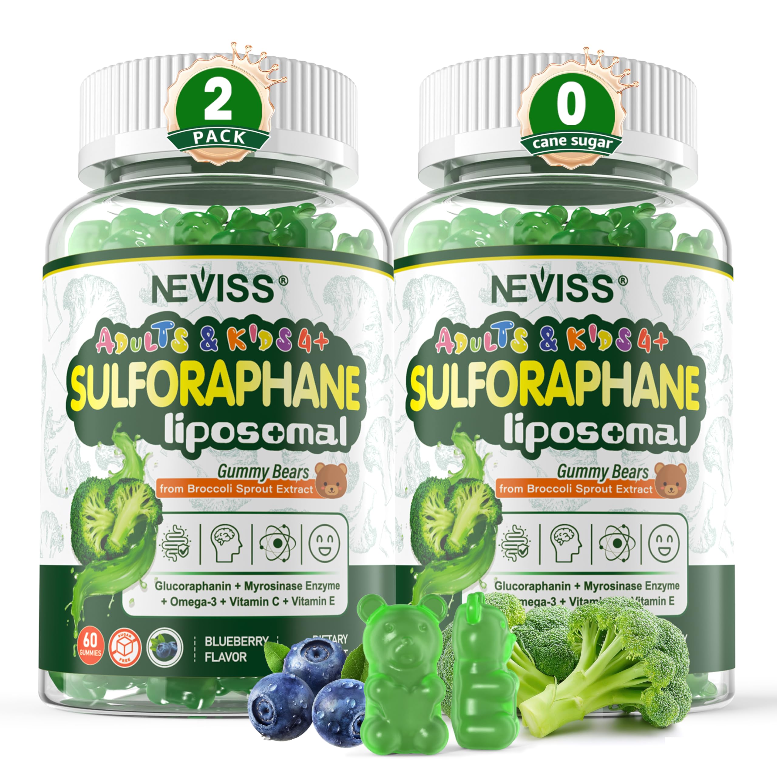 NEVISS Liposomal Sulforaphane Gummies bottle showing blueberry flavor and antioxidant support
