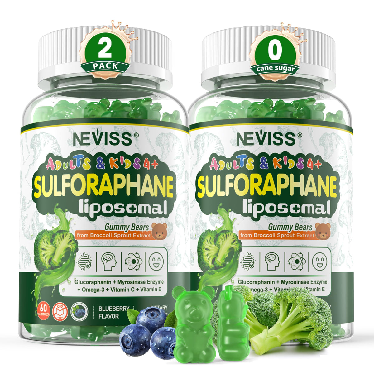 NEVISS Liposomal Sulforaphane Gummies bottle showing blueberry flavor and antioxidant support