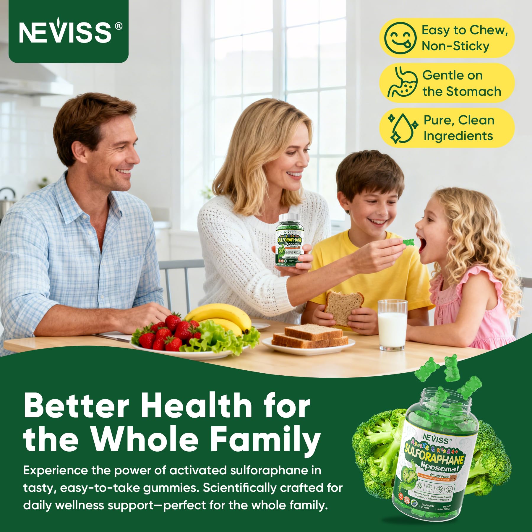 NEVISS label indicates gluten-free, dairy-free, and soy-free status