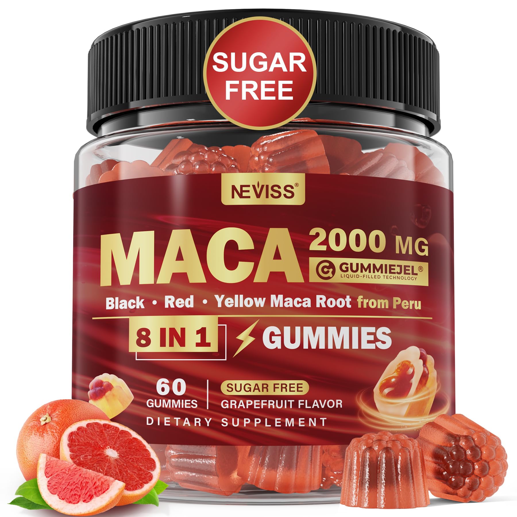 NEVISS Maca Root Filled Gummies bottle front view for daily wellness