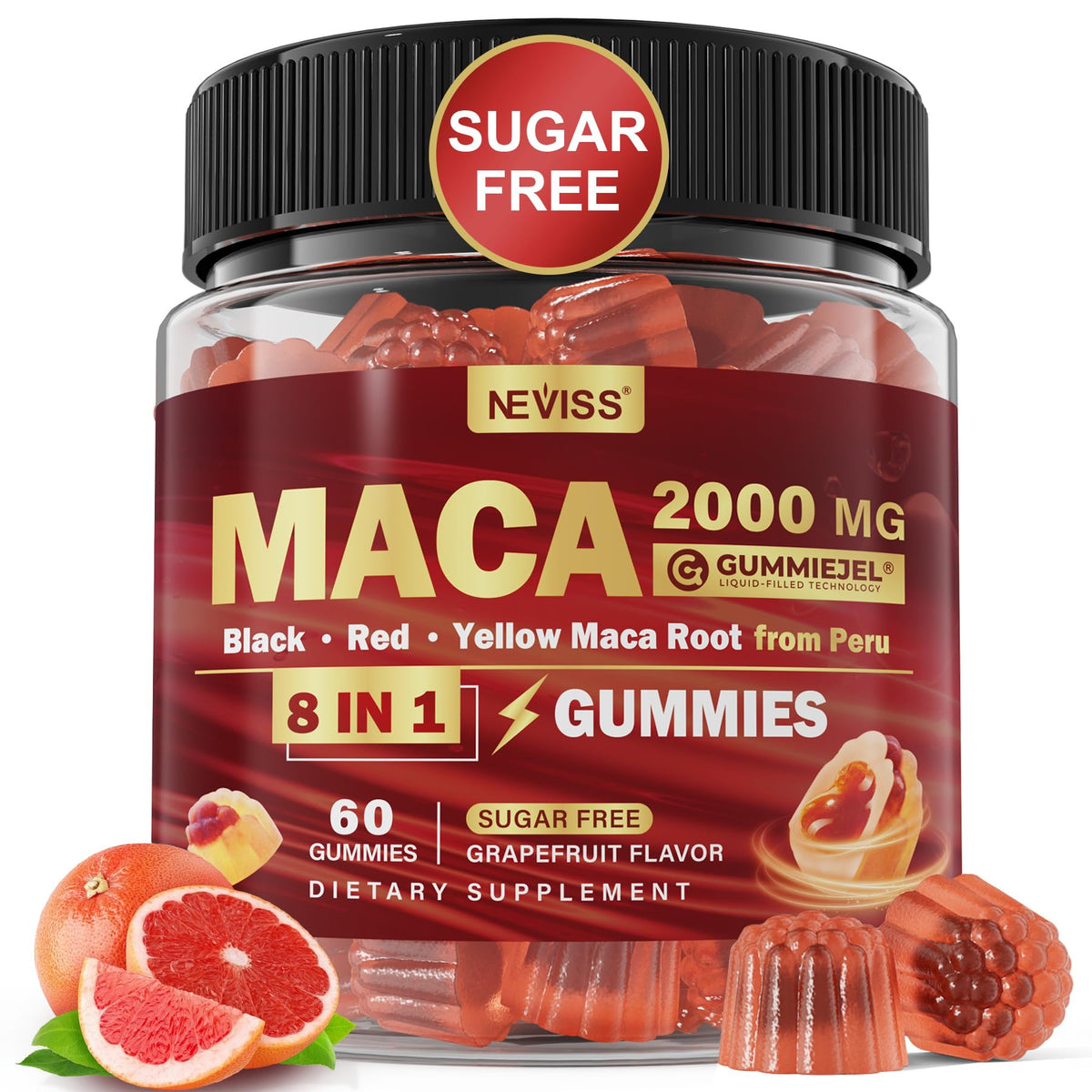NEVISS Maca Root Filled Gummies bottle front view for daily wellness