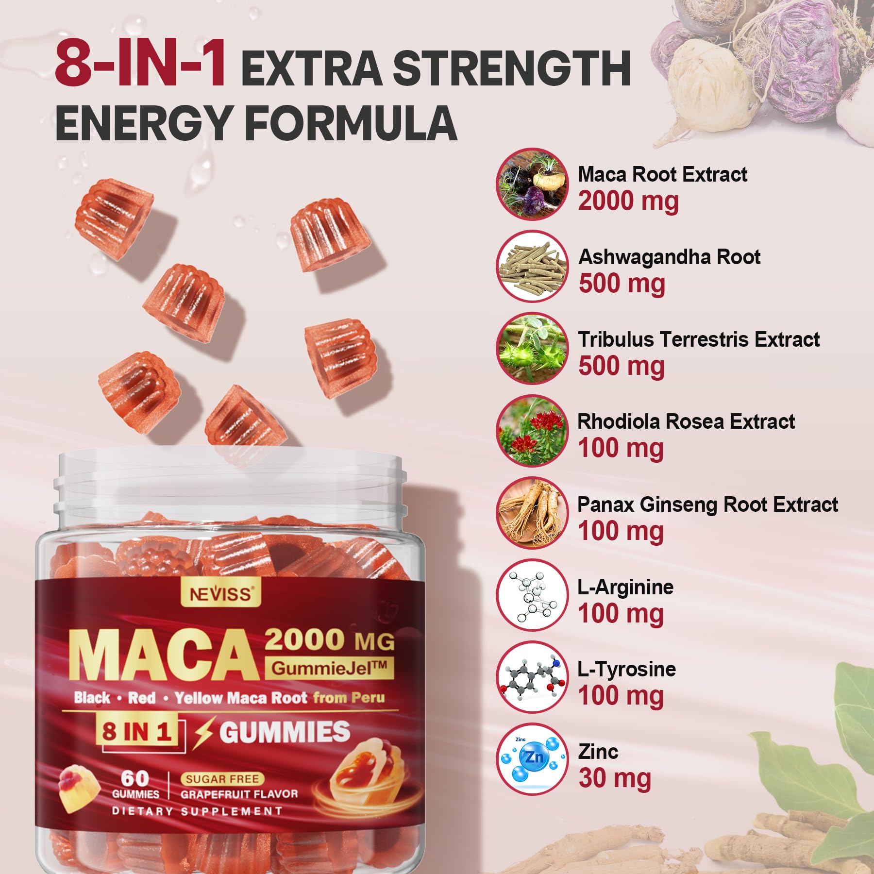 Closeup of NEVISS maca root filled gummies highlighting chewy texture and color