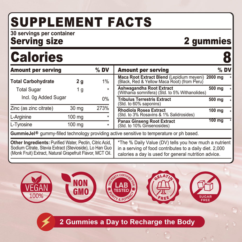 NEVISS Maca gummies label closeup shows grapefruit flavor and sugar-free formula
