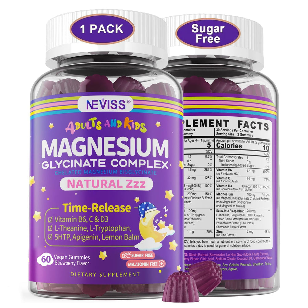 NEVISS Magnesium Glycinate Gummies bottle front promotes calm and sleep support