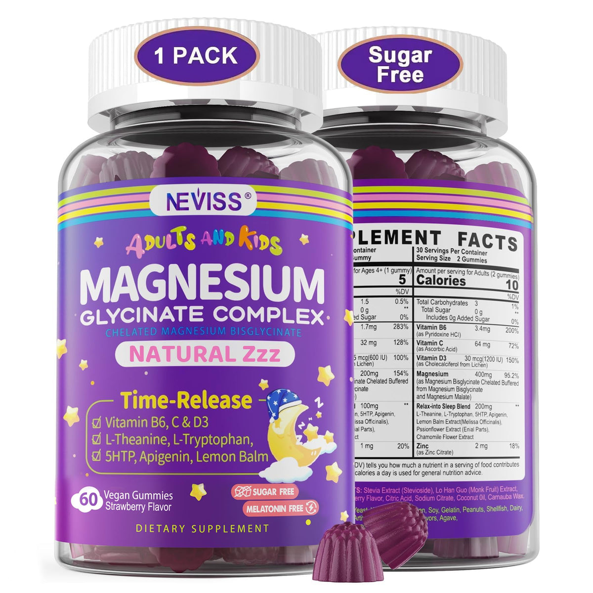 NEVISS Magnesium Glycinate Gummies bottle front promotes calm and sleep support