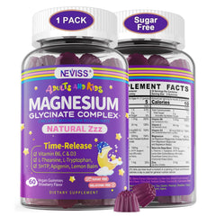 NEVISS Magnesium Glycinate Gummies bottle front promotes calm and sleep support