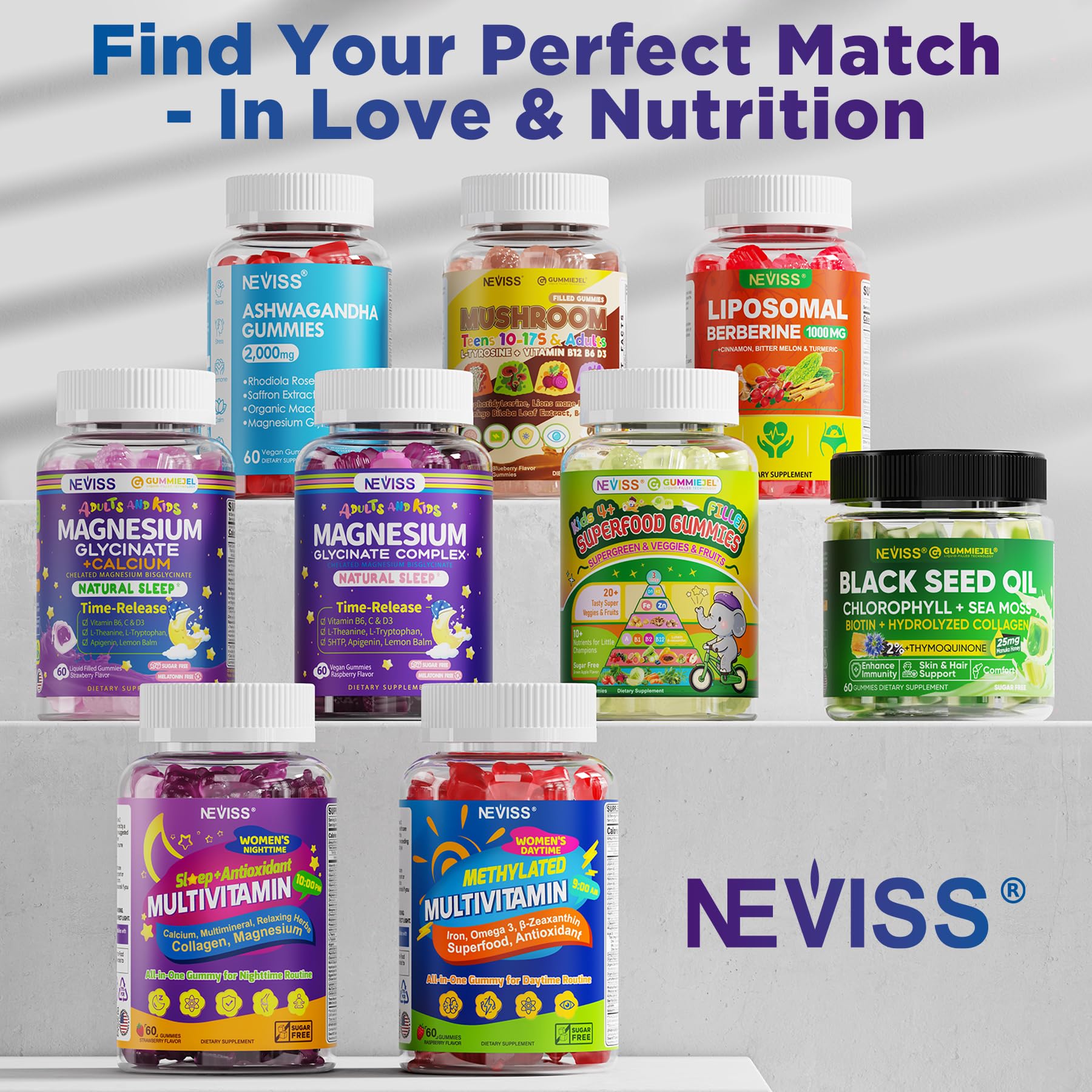 NEVISS gummies on table with glass illustrate sugar-free, easy-to-chew nightly option