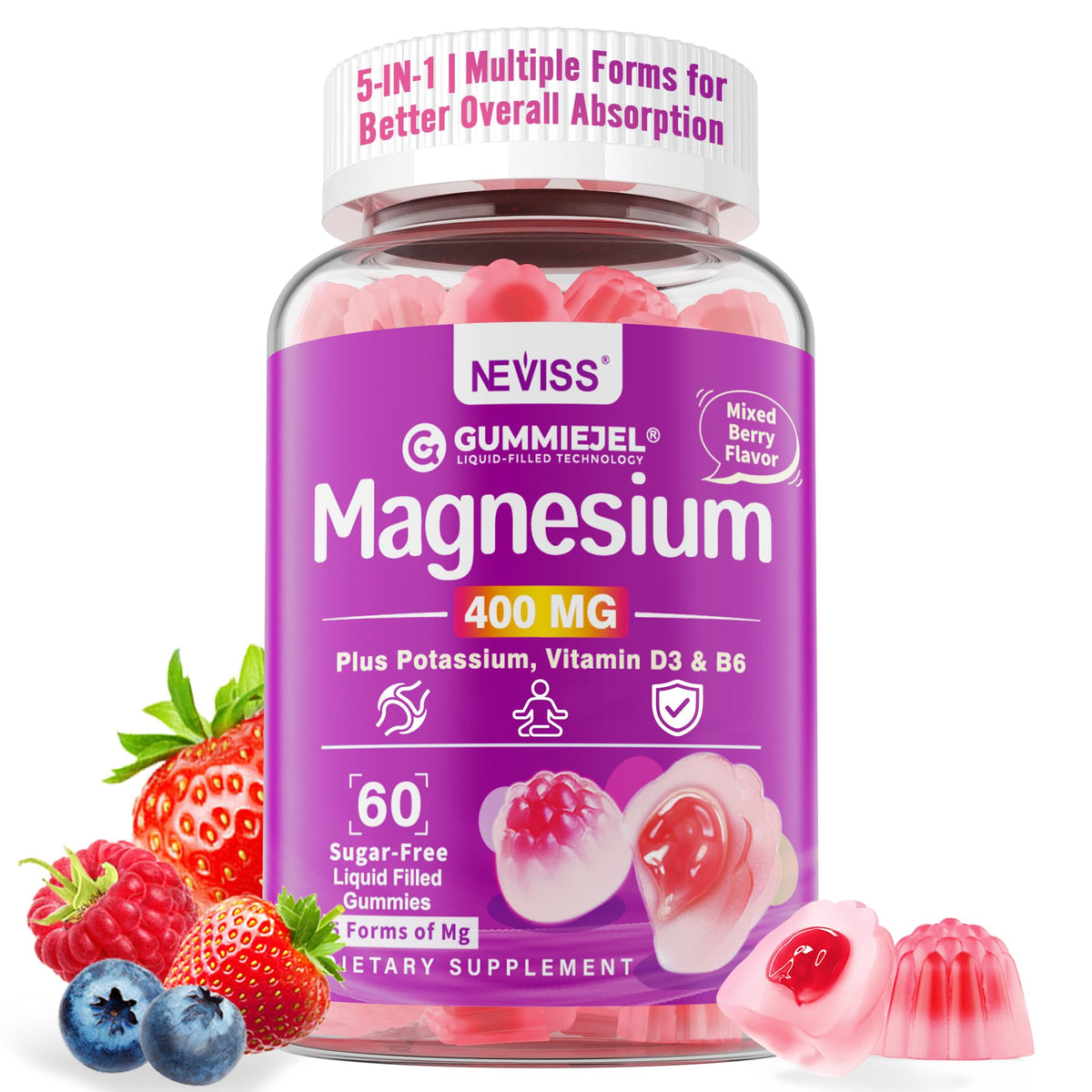 NEVISS Magnesium Gummies jar-front view highlighting convenient daily use.