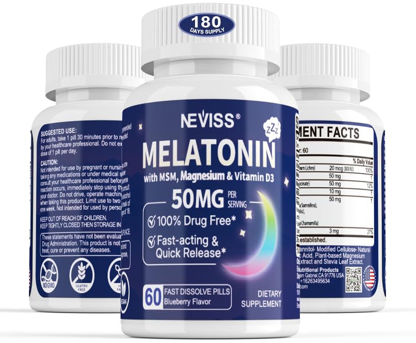 NEVISS melatonin 50 mg bottle front view for easy nightly use