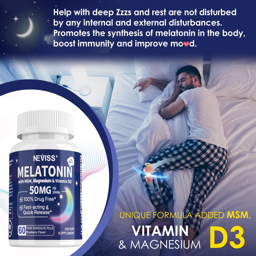 NEVISS melatonin 50 mg showcasing Vitamin D3 and Zinc benefits