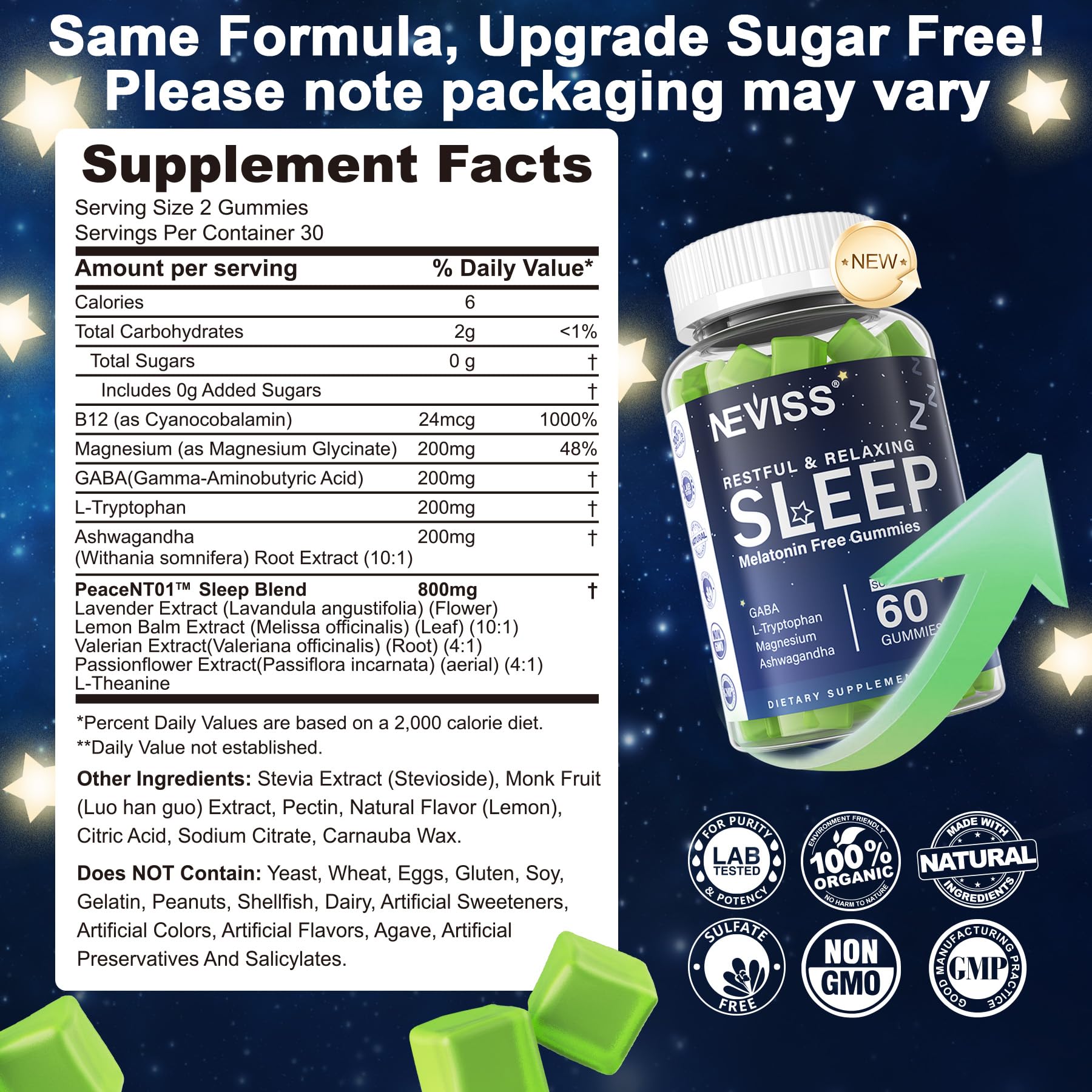 NEVISS melatonin-free sleep gummies lemon close-up showing chewy texture for bedtime routine.