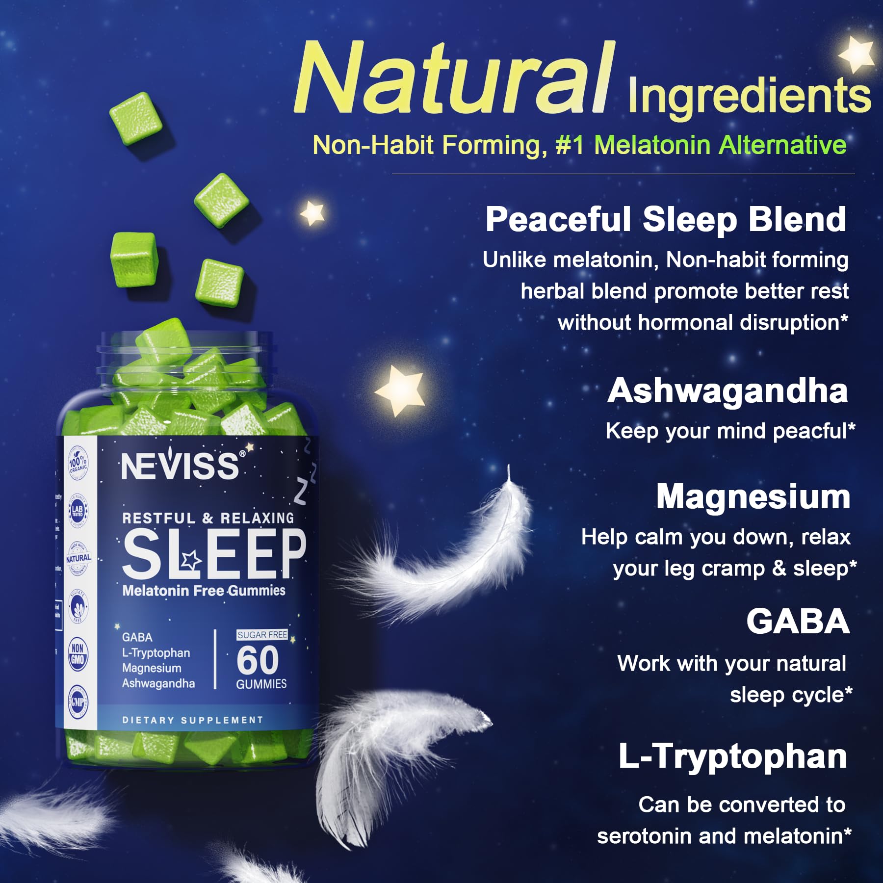 NEVISS melatonin-free gummies magnesium glycinate visuals indicating calm focus.