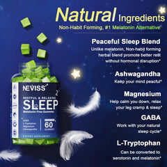 NEVISS melatonin-free gummies magnesium glycinate visuals indicating calm focus.
