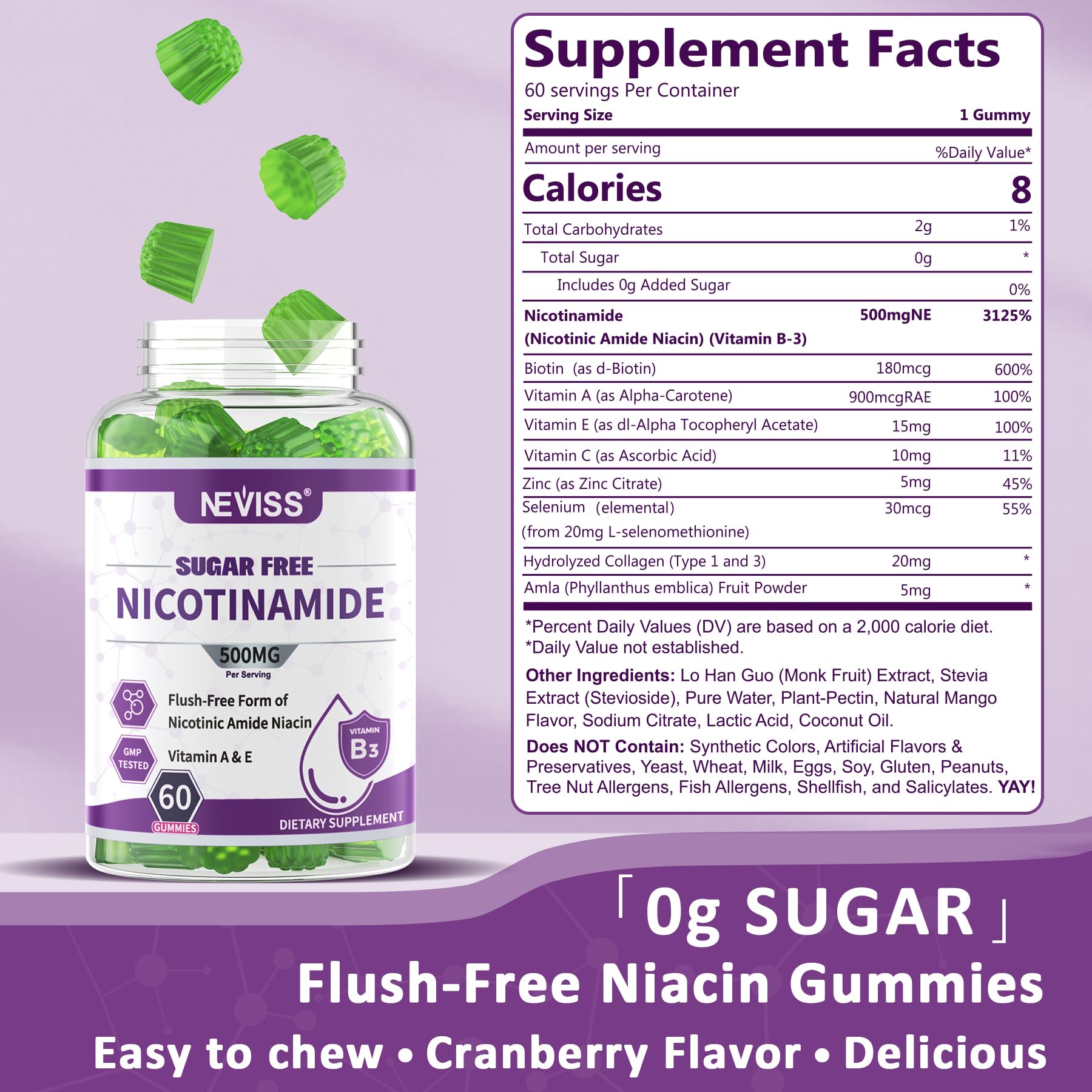 NEVISS nicotinamide 500mg gummies close-up label highlights potent B3 form.