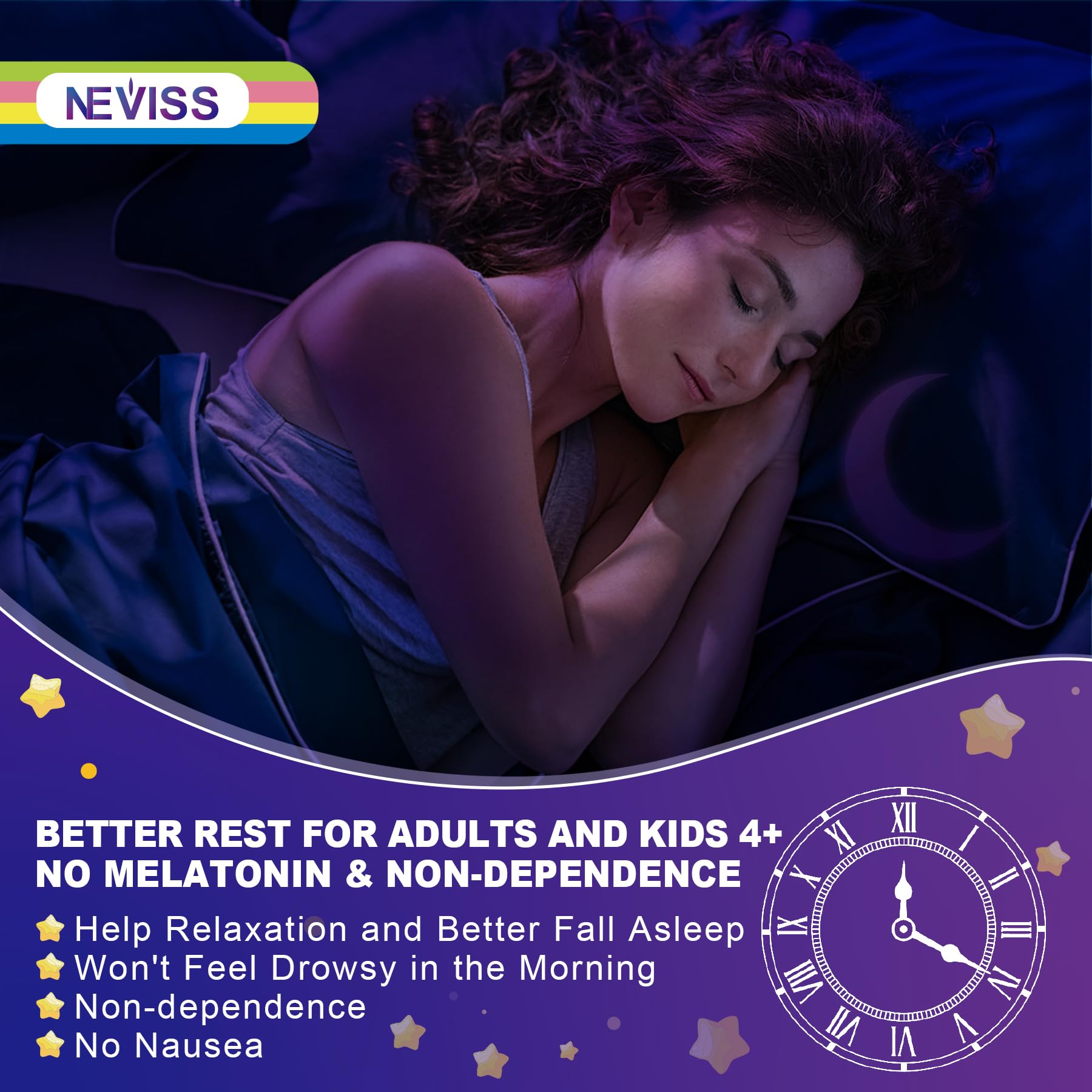 NEVISS packaging front highlighting melatonin-free formulation