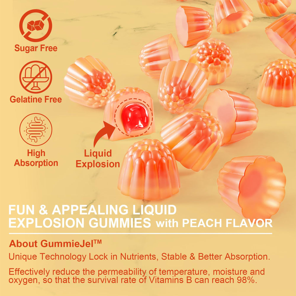 NEVISS peach flavor gummy close-up with gelatin-free texture.