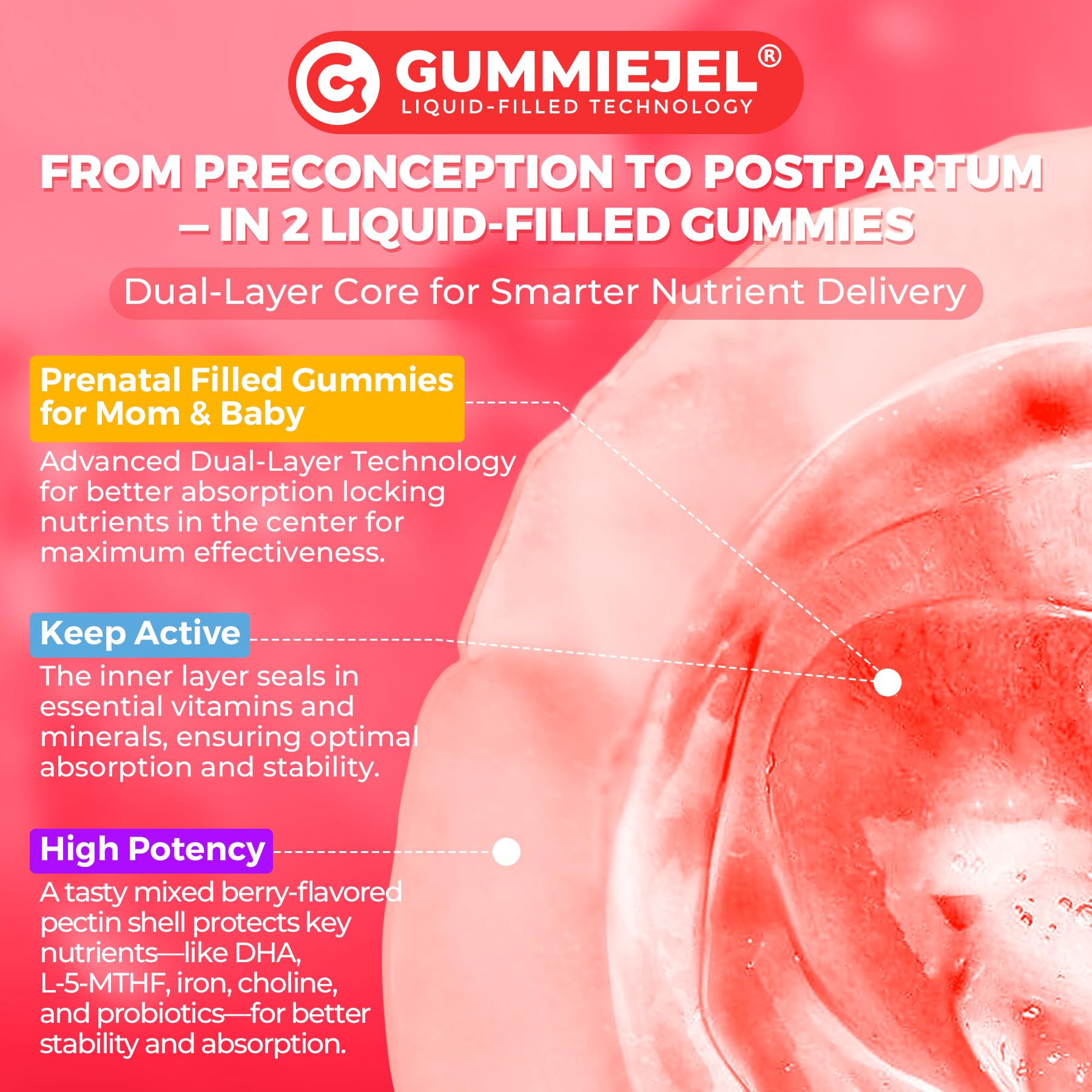 NEVISS prenatal gummies ingredients panel with choline and B-complex.