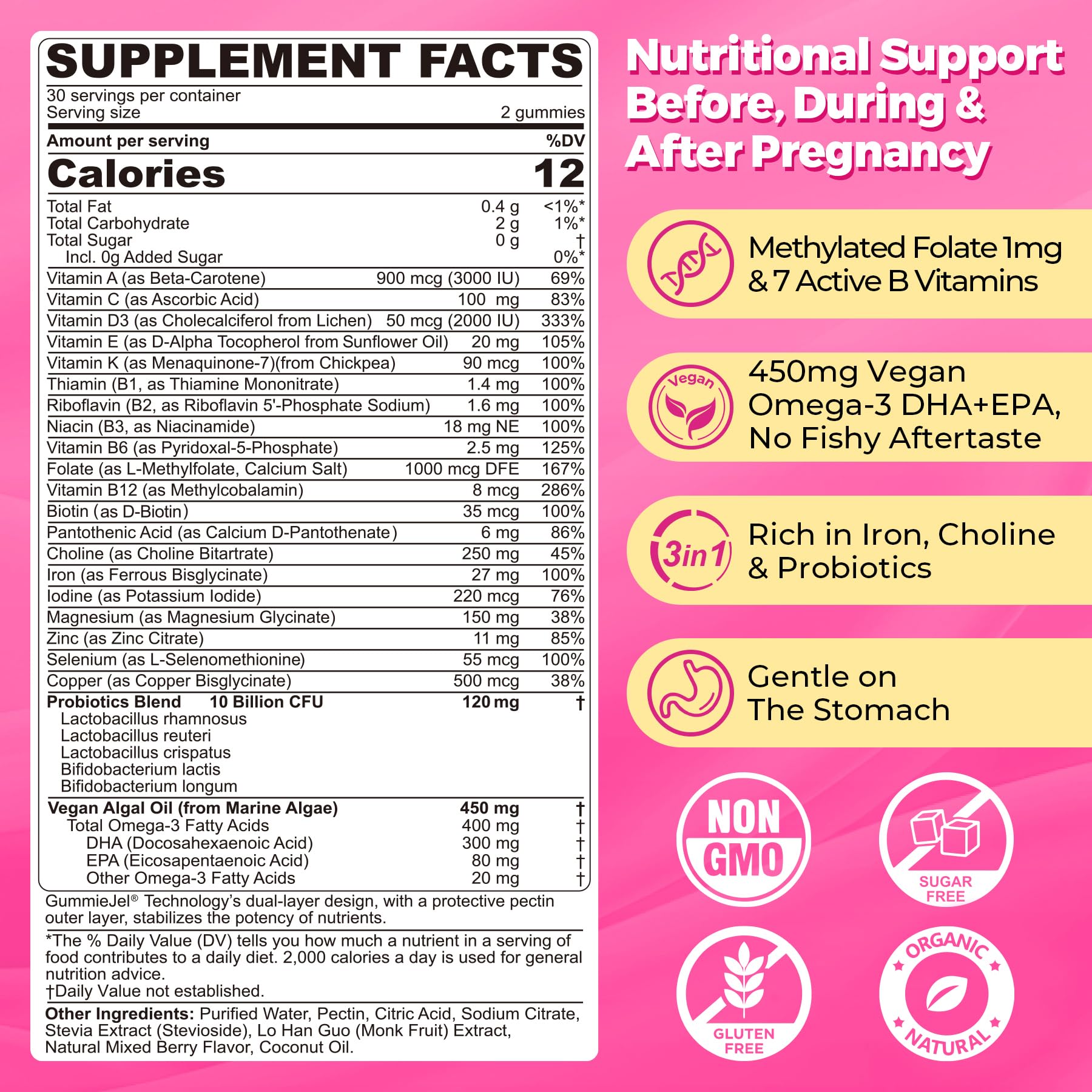 NEVISS prenatal gummies close-up showing sugar-free vegan formula with methylfolate and algae DHA.