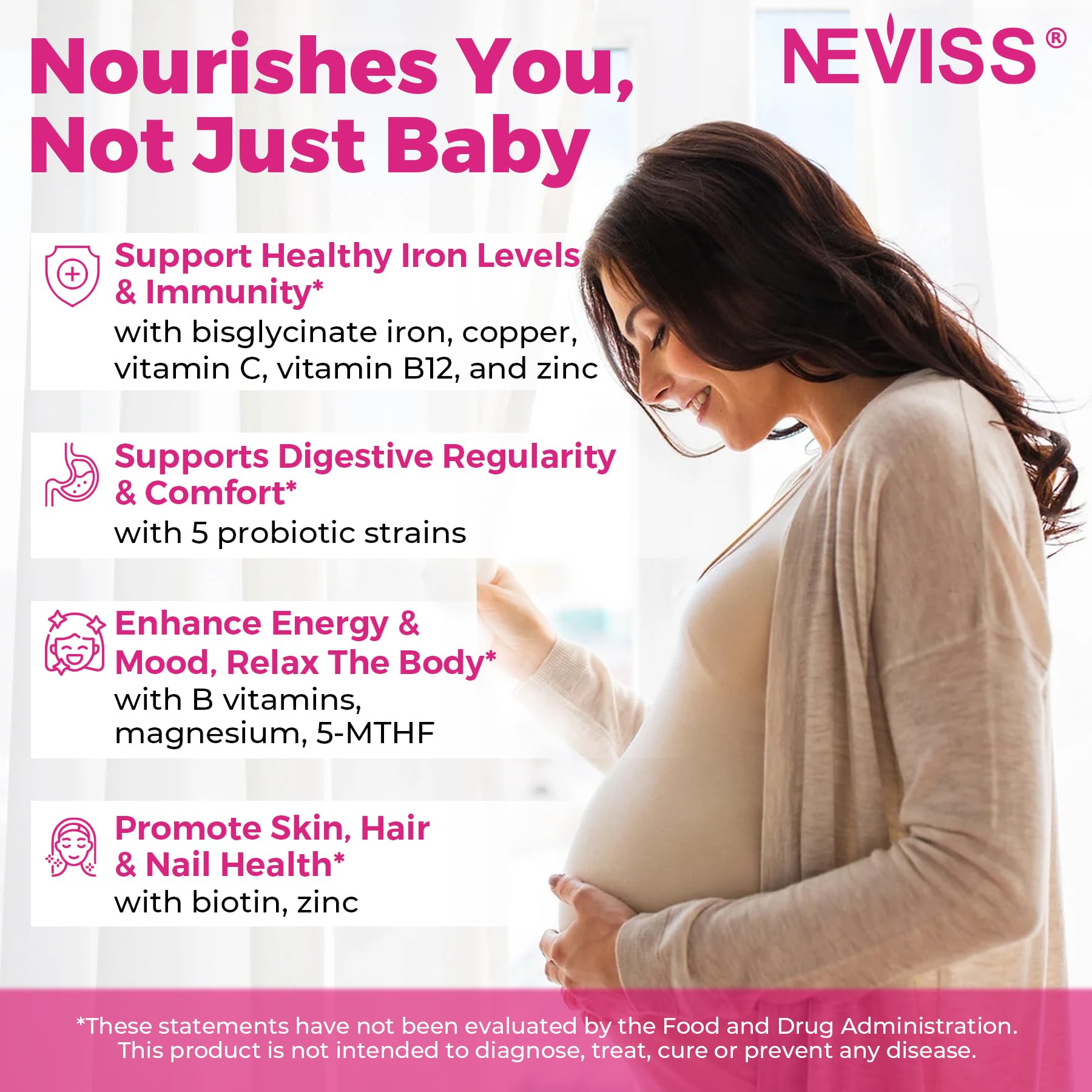 NEVISS prenatal gummies algae-derived DHA label for brain and eye support.