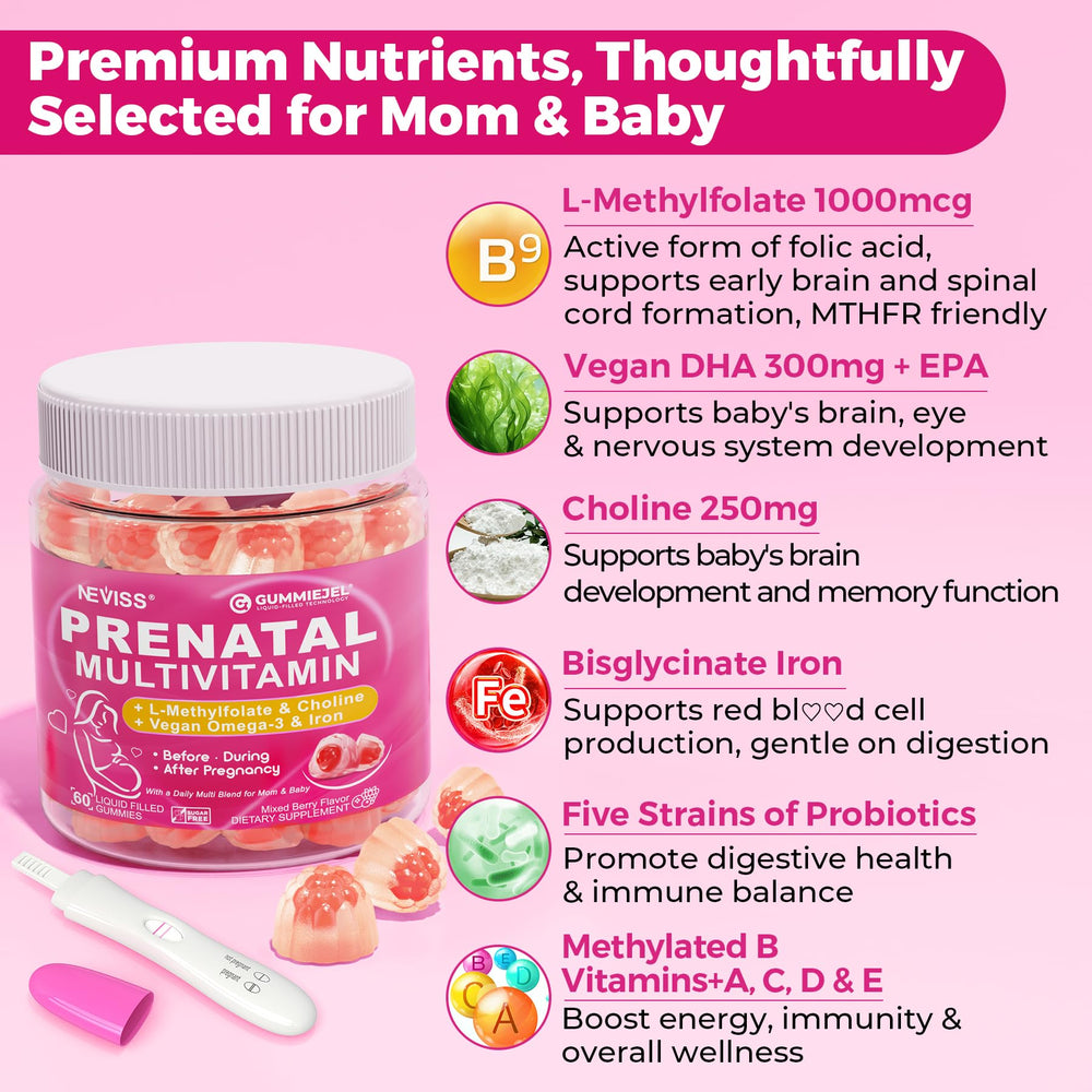 NEVISS prenatal gummies bottle label highlighting vegan and gluten-free ingredients.