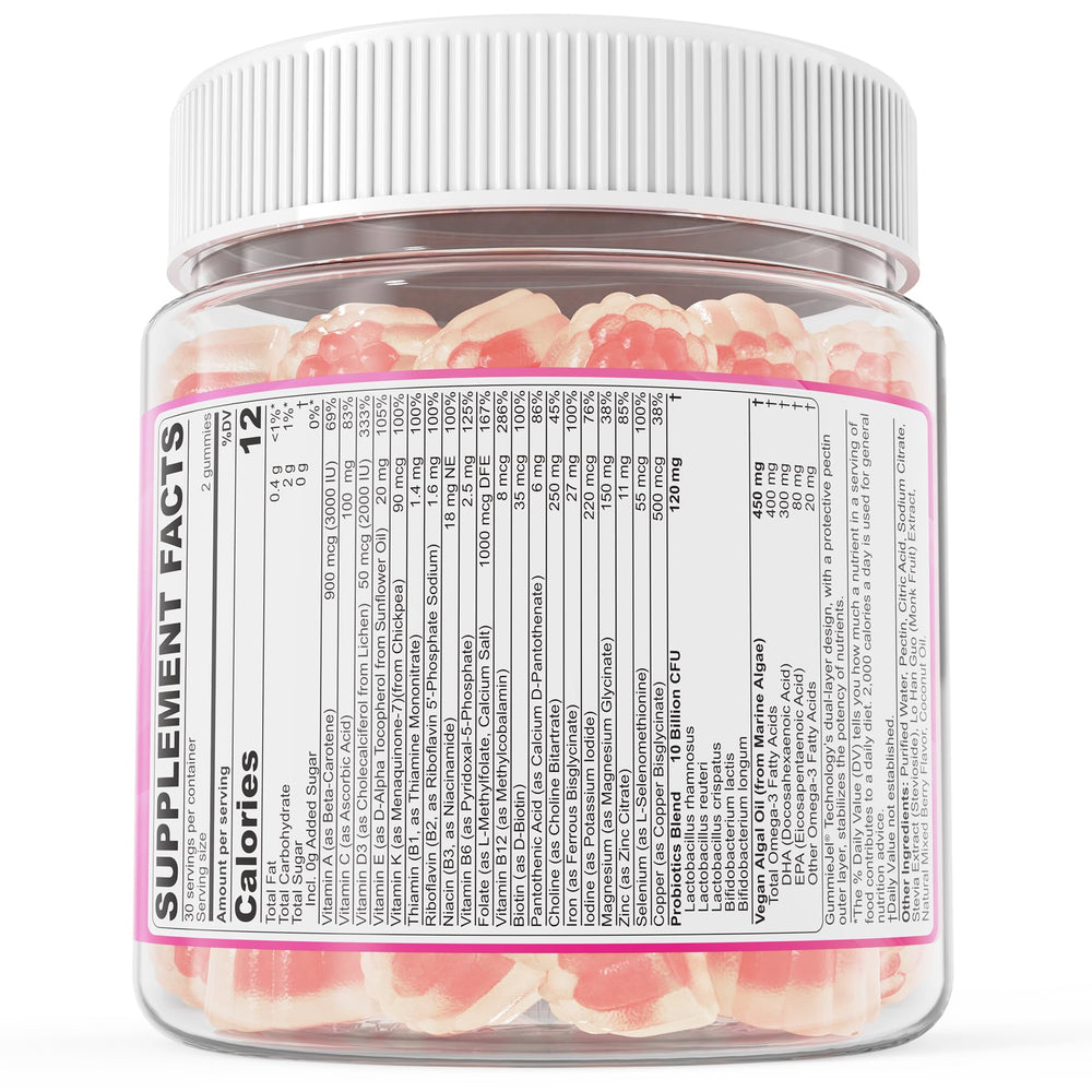 NEVISS prenatal gummies monk fruit sweetener graphic for sugar-free taste.