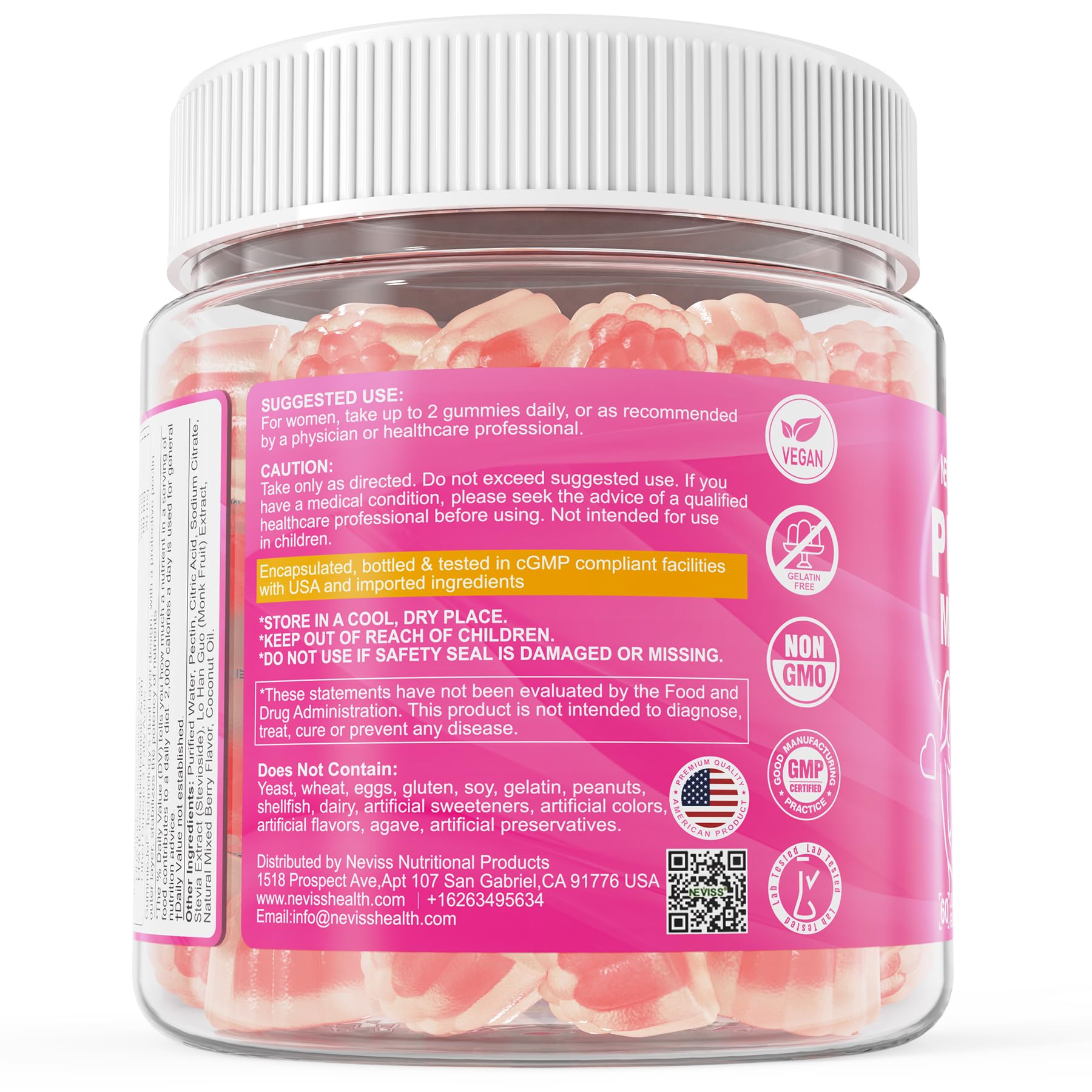 NEVISS prenatal gummies jar on shelf ready for daily use.