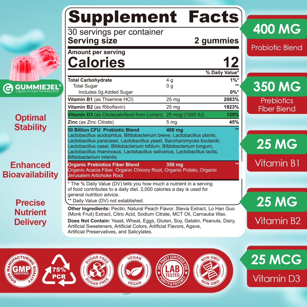 NEVISS Probiotic Gummies peach flavor close-up highlighting chewy texture.