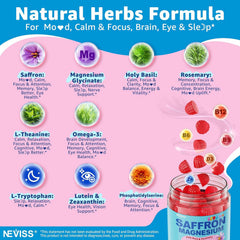 NEVISS saffron-magnesium-omega3 gummies kids soft texture closeup highlights chewiness.