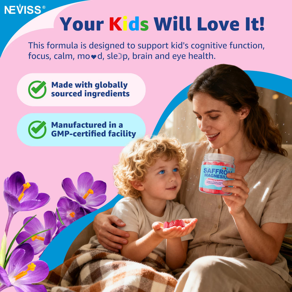 NEVISS saffron-magnesium-omega3 gummies child-friendly packaging with kid-friendly design.