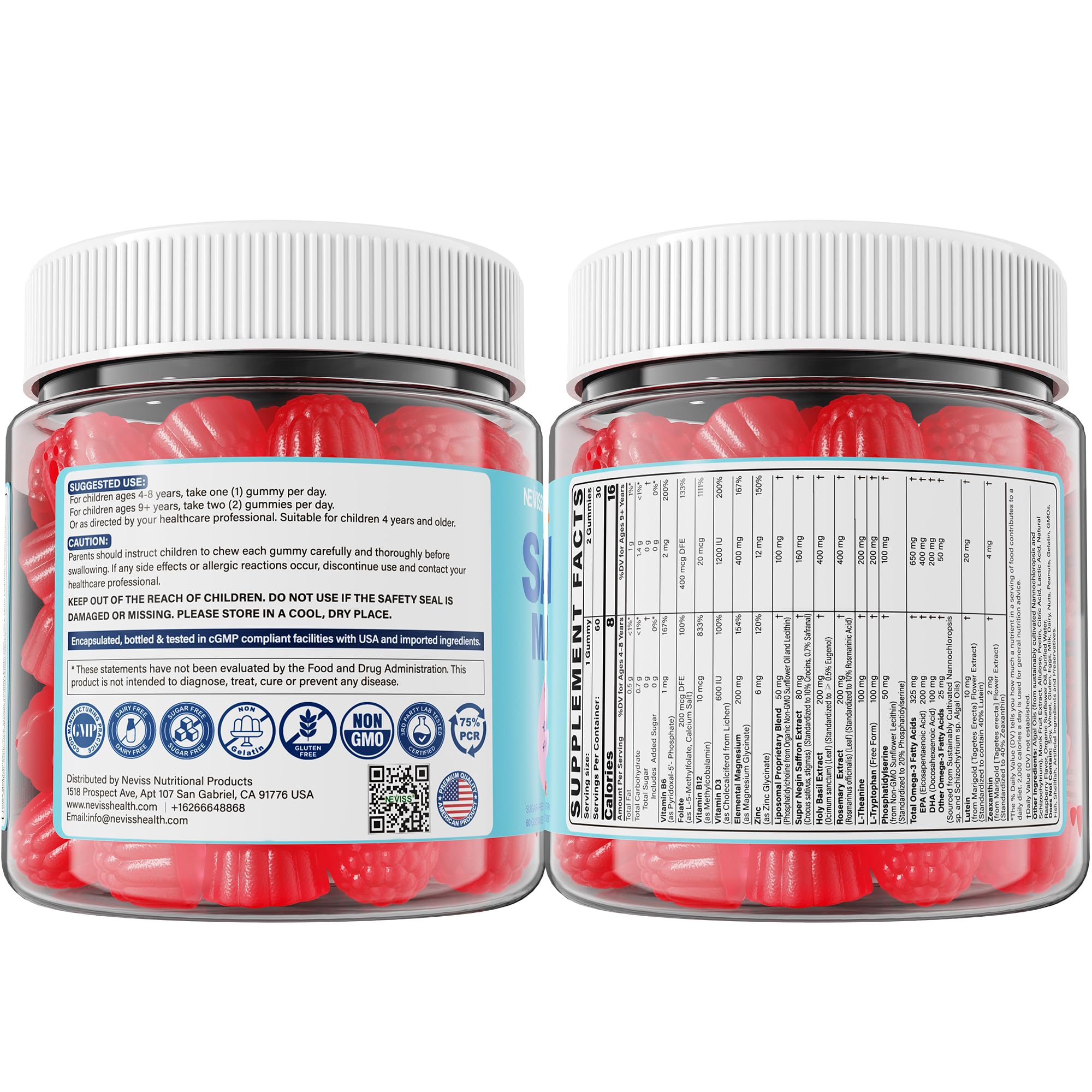 NEVISS saffron-magnesium-omega3 gummies vibrant colors to attract kids.