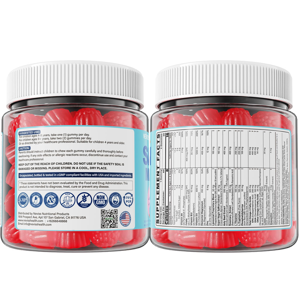 NEVISS saffron-magnesium-omega3 gummies vibrant colors to attract kids.