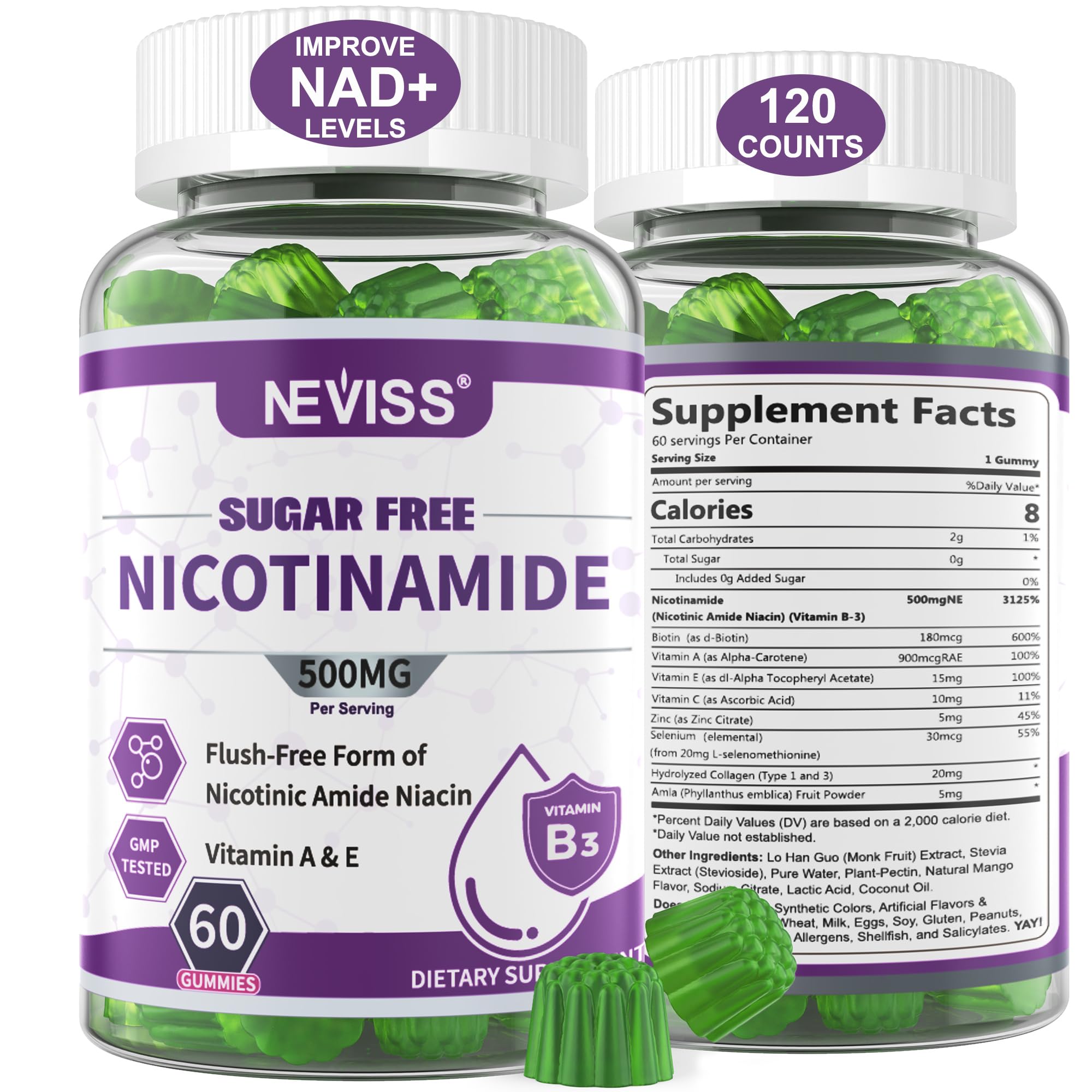 NEVISS sugar-free nicotinamide gummies bottle front for easy daily energy support.