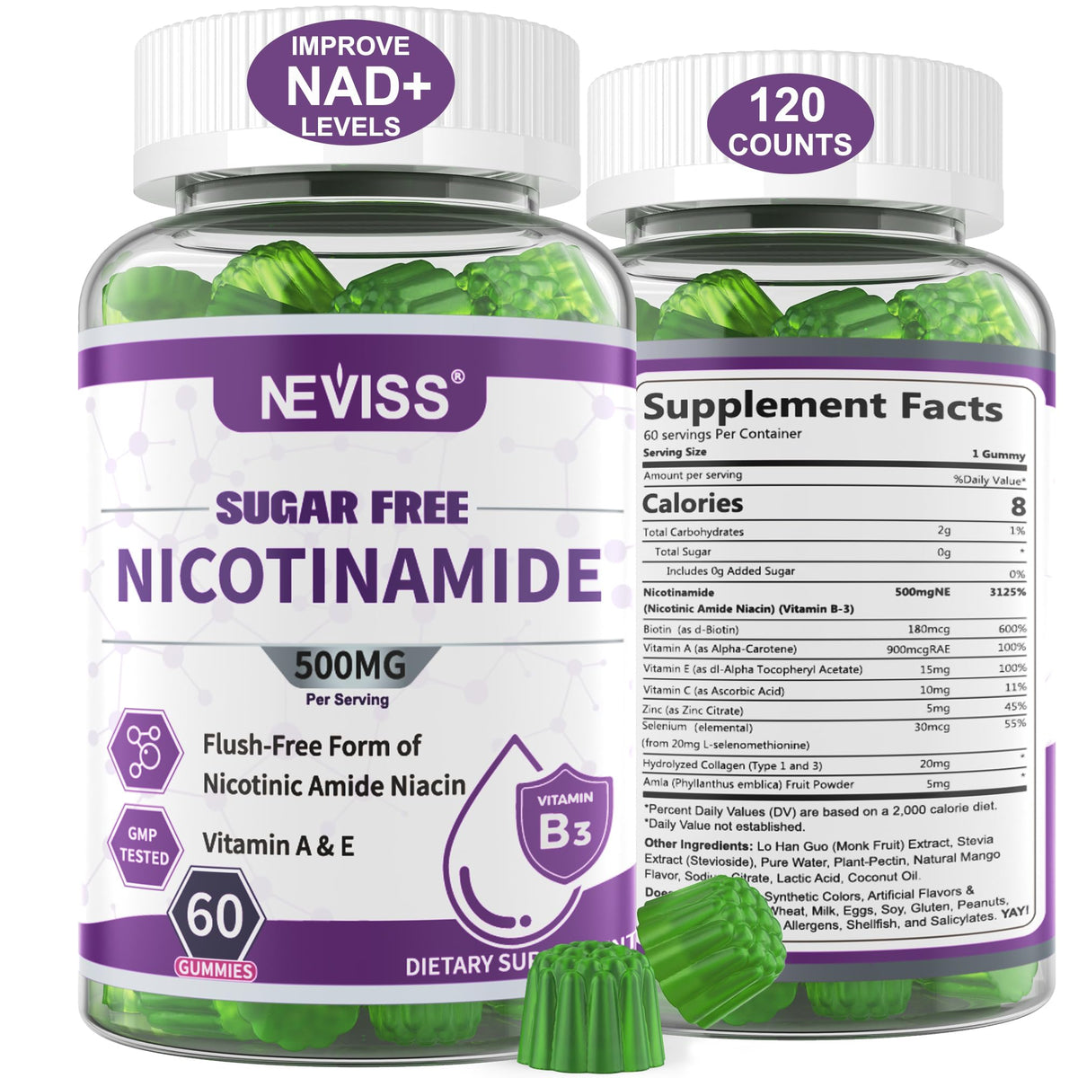 NEVISS sugar-free nicotinamide gummies bottle front for easy daily energy support.