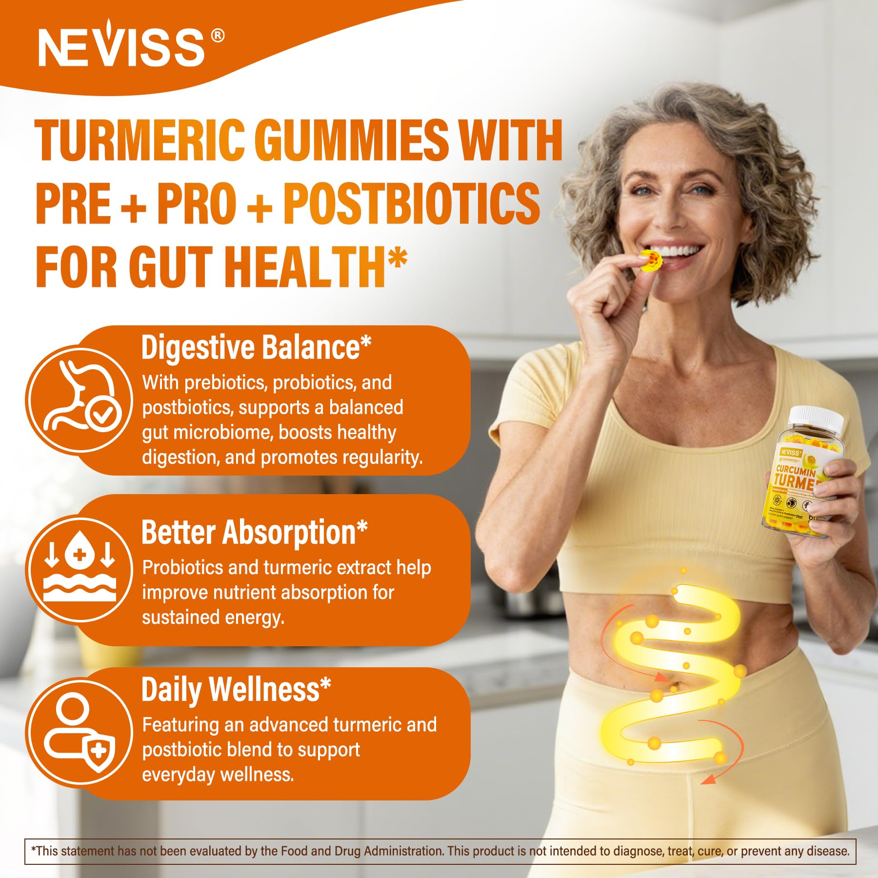 The NEVISS gummies ingredients label highlights vegan and gluten-free notes.