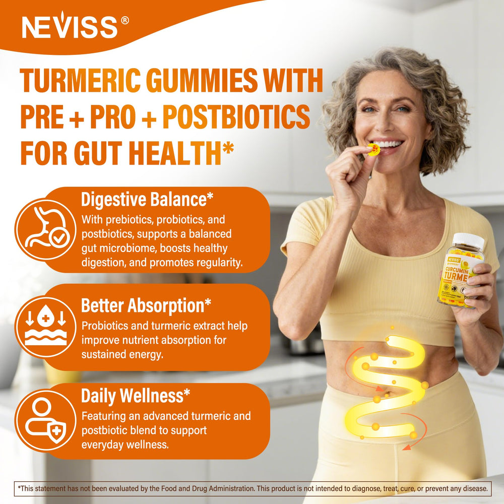 The NEVISS gummies ingredients label highlights vegan and gluten-free notes.