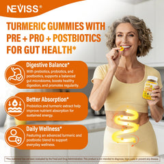 The NEVISS gummies ingredients label highlights vegan and gluten-free notes.